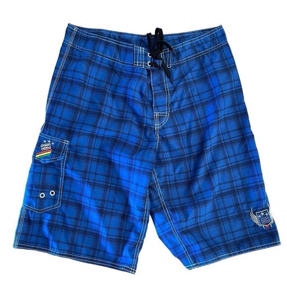Billabong Mens Boardshorts Plaid Spellout Polyester Blue Black Size 34 - Picture 1 of 8